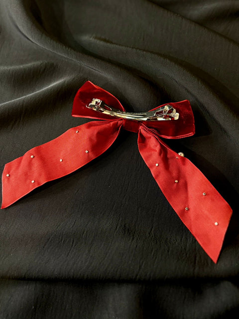 Ernest & Kelly Velvet Pearl Bow Clips- 3 Colours