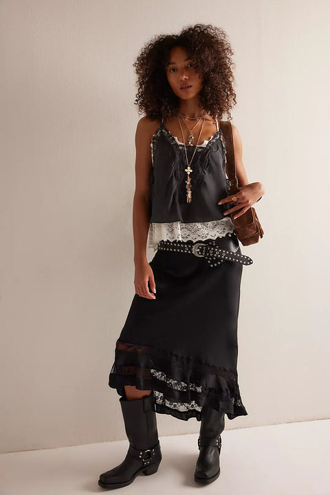Free People Black Long Lost Lover Half Slip Skirt