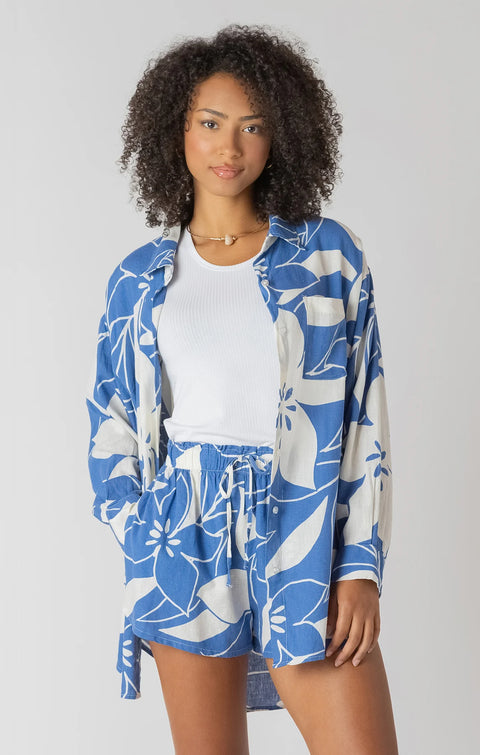 Room 34 Azure Floral Button Up Linen Blouse