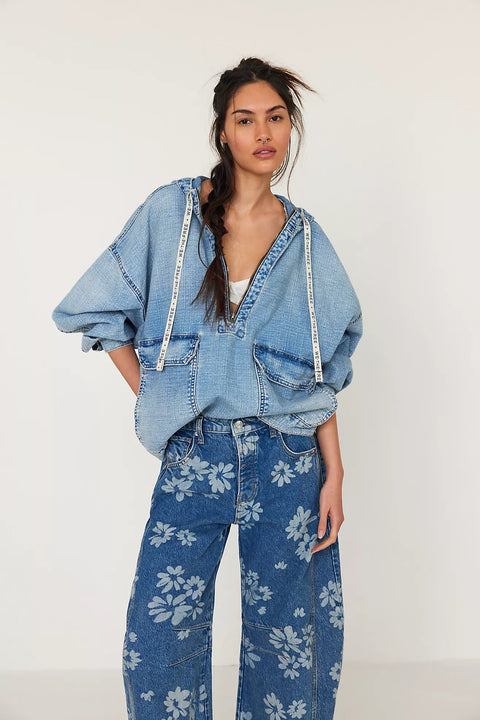 Free People Good Luck Printed Barrel Jean