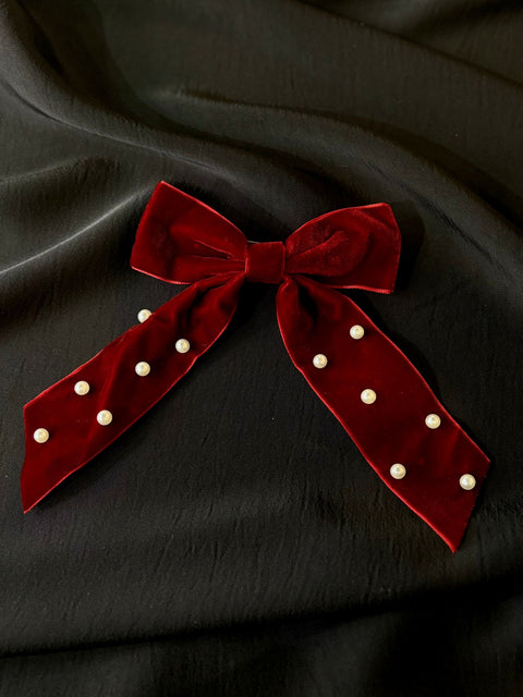 Ernest & Kelly Velvet Pearl Bow Clips- 3 Colours