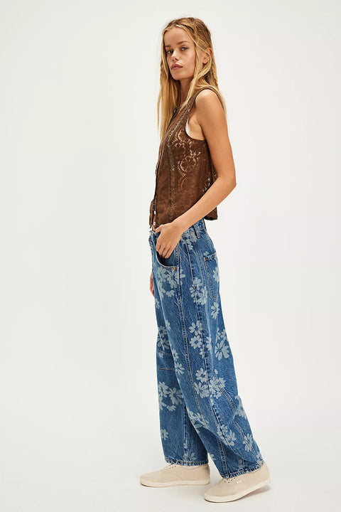 Free People Good Luck Printed Barrel Jean