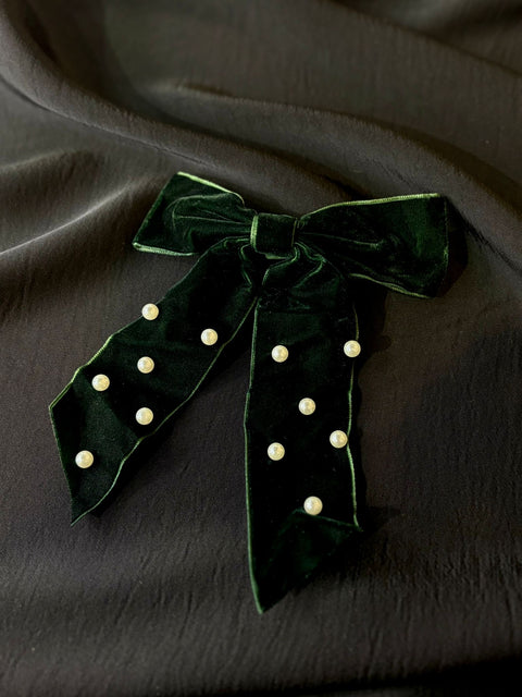 Ernest & Kelly Velvet Pearl Bow Clips- 3 Colours