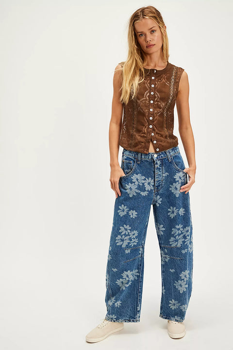 Free People Good Luck Printed Barrel Jean