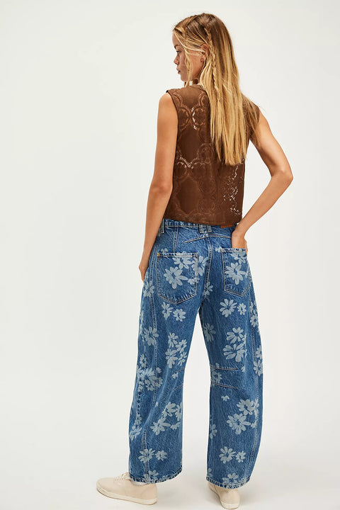 Free People Good Luck Printed Barrel Jean