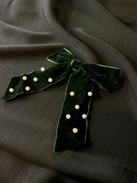 Ernest & Kelly Velvet Pearl Bow Clips- 3 Colours