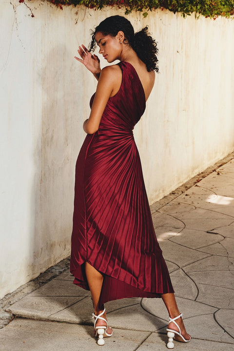 Olympia Asymmetrical Pleated Maxi Dress