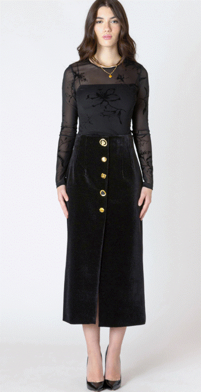 Dex Paris Buttoned Velvet Midi Skirt