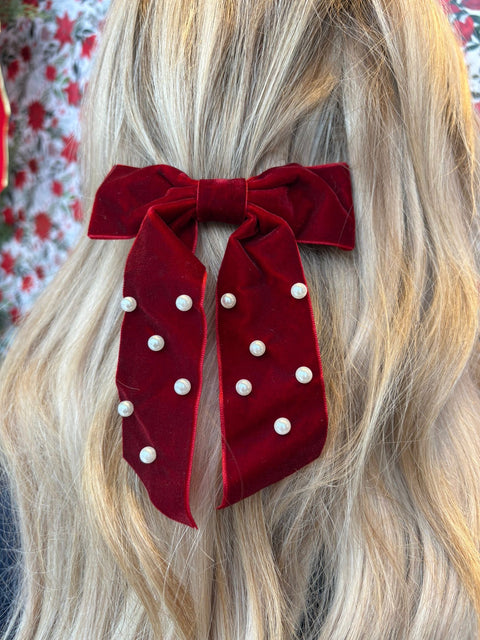 Ernest & Kelly Velvet Pearl Bow Clips- 3 Colours