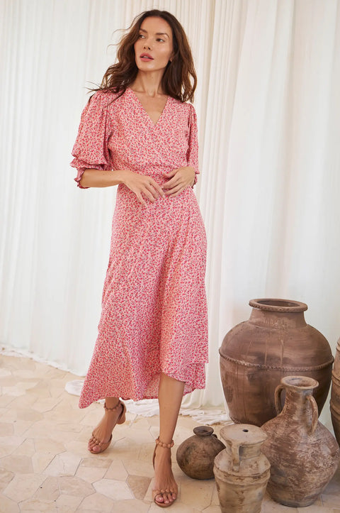 Set Sail Floral Puff Sleeve Wrap Dress - Extended Sizing