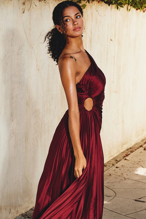 Olympia Asymmetrical Pleated Maxi Dress