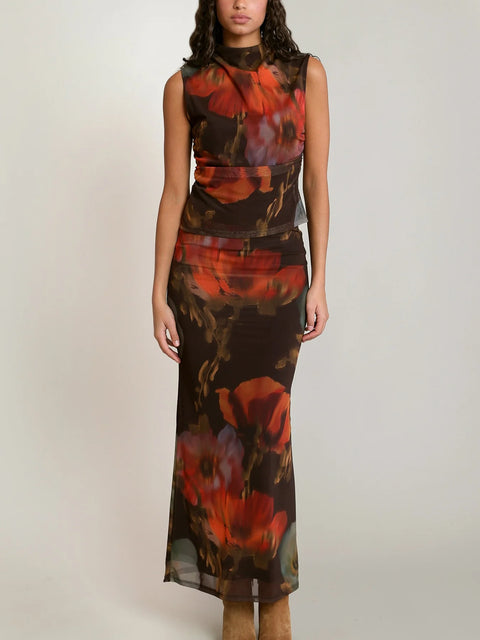 Dex Mesh Floral Midi Skirt